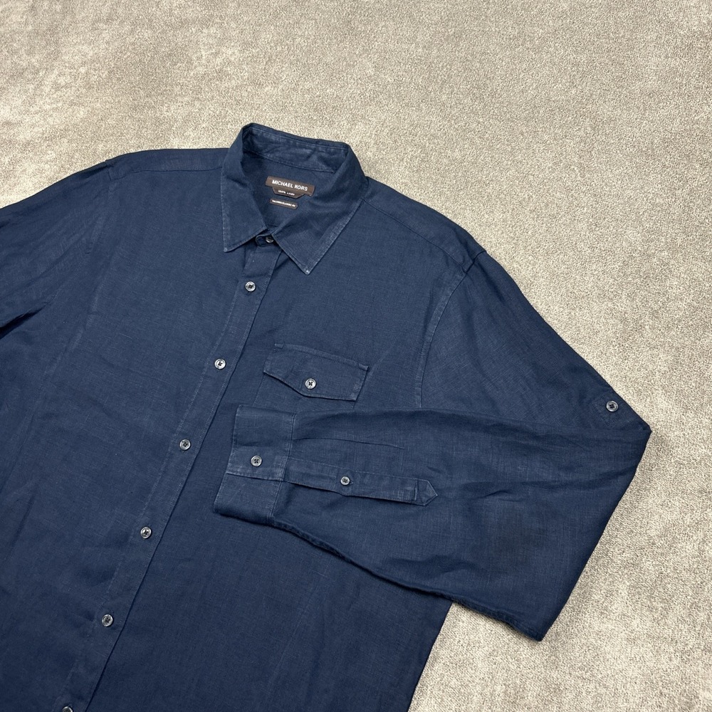 Michael Kors Shirt Mens XL 100% Linen Navy Blue Roll Tab Summer Casual Preppy